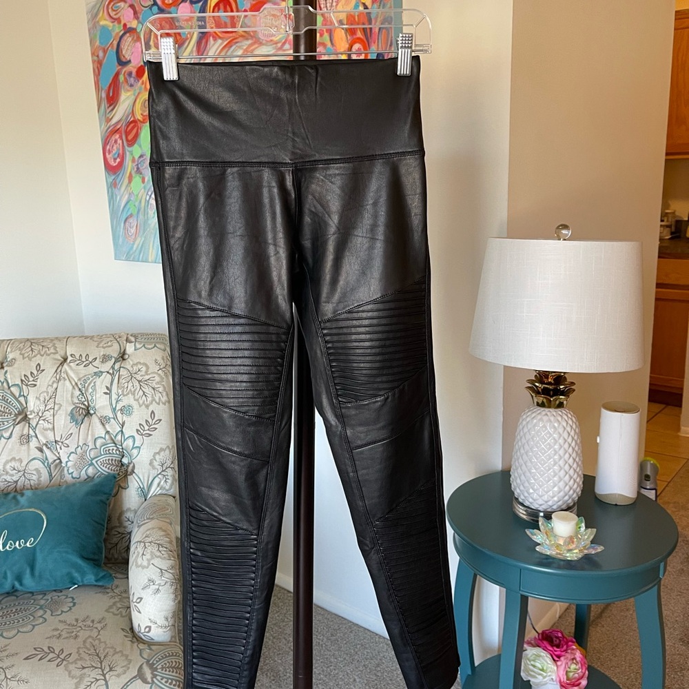 Black Faux Leather Leggings with Ribbed Detail